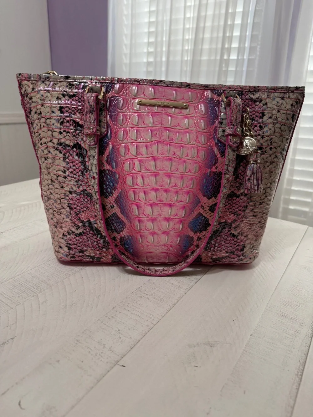 Brahmin Pink and Purple Croc Embossed Leather Tote